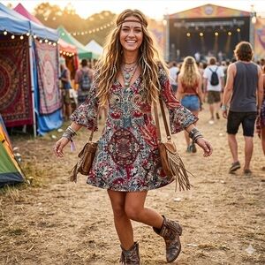 Connected Boho Floral Paisley V-Neck Mini Dress - Red Multi festival ready ,4P